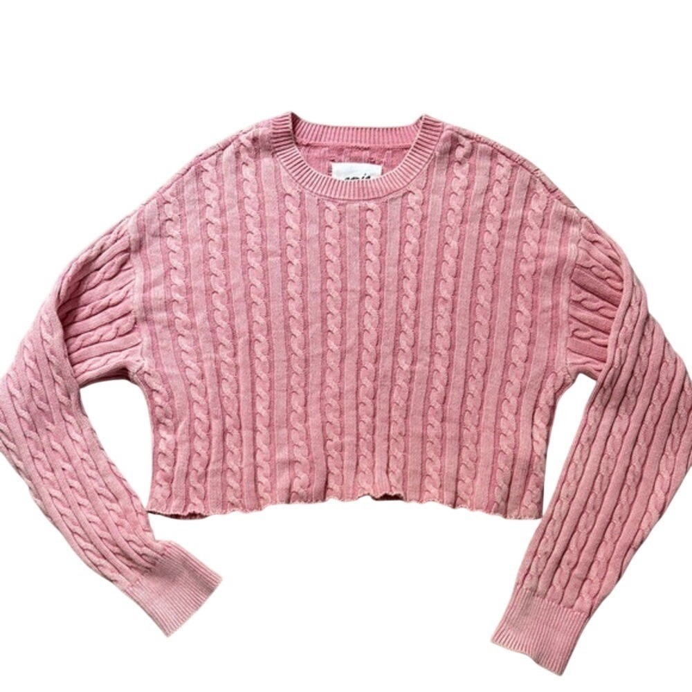 Aerie Cotton Pink Cable Knit Cropped Sweater L Barbiecore Coquette Clean Girl - Picture 2 of 8